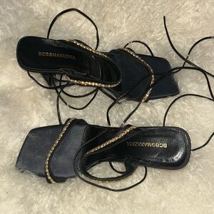 BCBGMaxAzria Black Crystal-Trim Lace-Up Heels